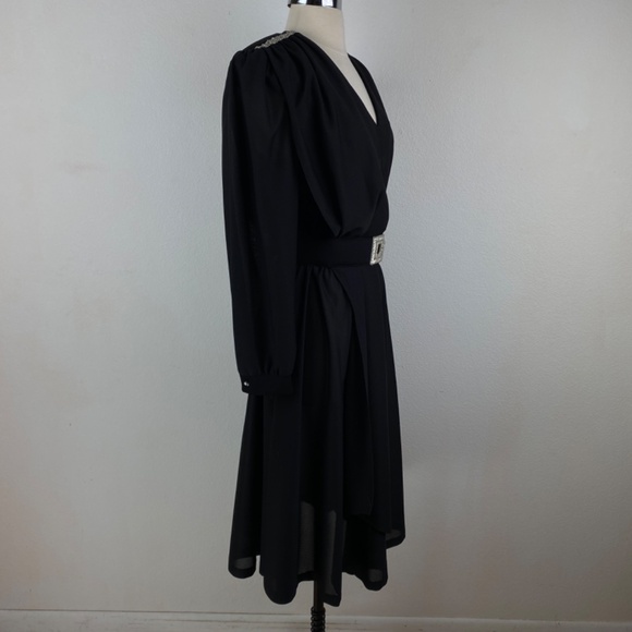 Vintage 80s Black Cocktail Dress Large Silver Beaded Drape Front Evening Formal - Picture 11 of 15